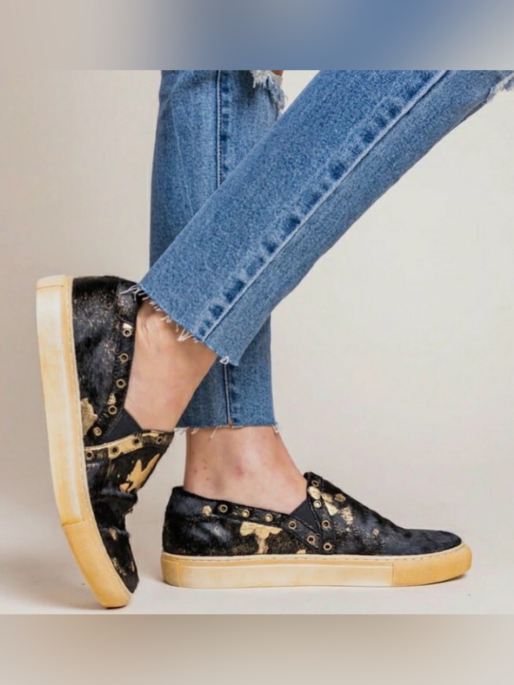 Chocolat Blu MOVE Noella Calf Hair Slip-On Sneakers Black Gold Size 37